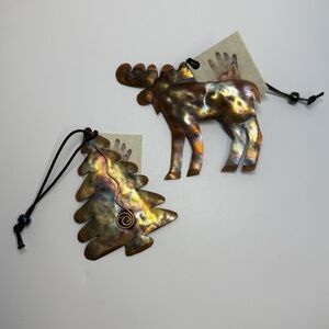 Handcrafted Copper Originals By John Rose Moose And Tree Ornaments Set Of 2 New